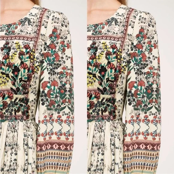 Anthropologie BHANUNI Far Fields Field flowers floral beaded dress puffy sleeves - Picture 6 of 15